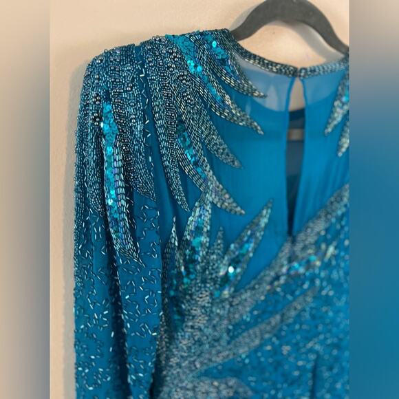 AJ Bari Petites Beaded Teal Evening Dress Long Sleeve Size 6P - Picture 8 of 10